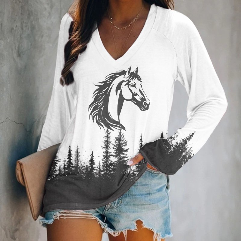 Vintage Animal V Neck Long Sleeve T-shirt