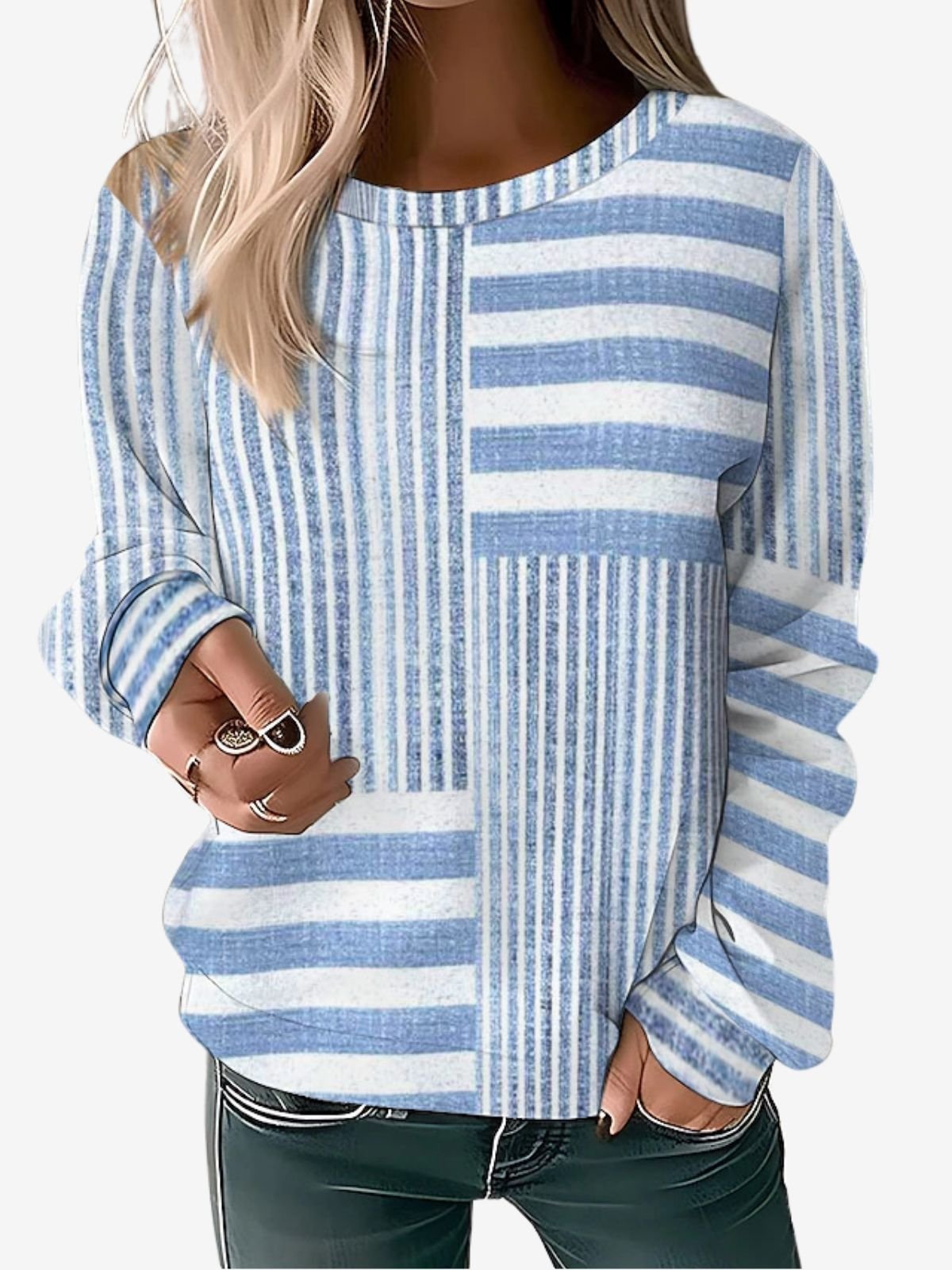 Vintage Crew Neck Striped Sweatshirt Printing