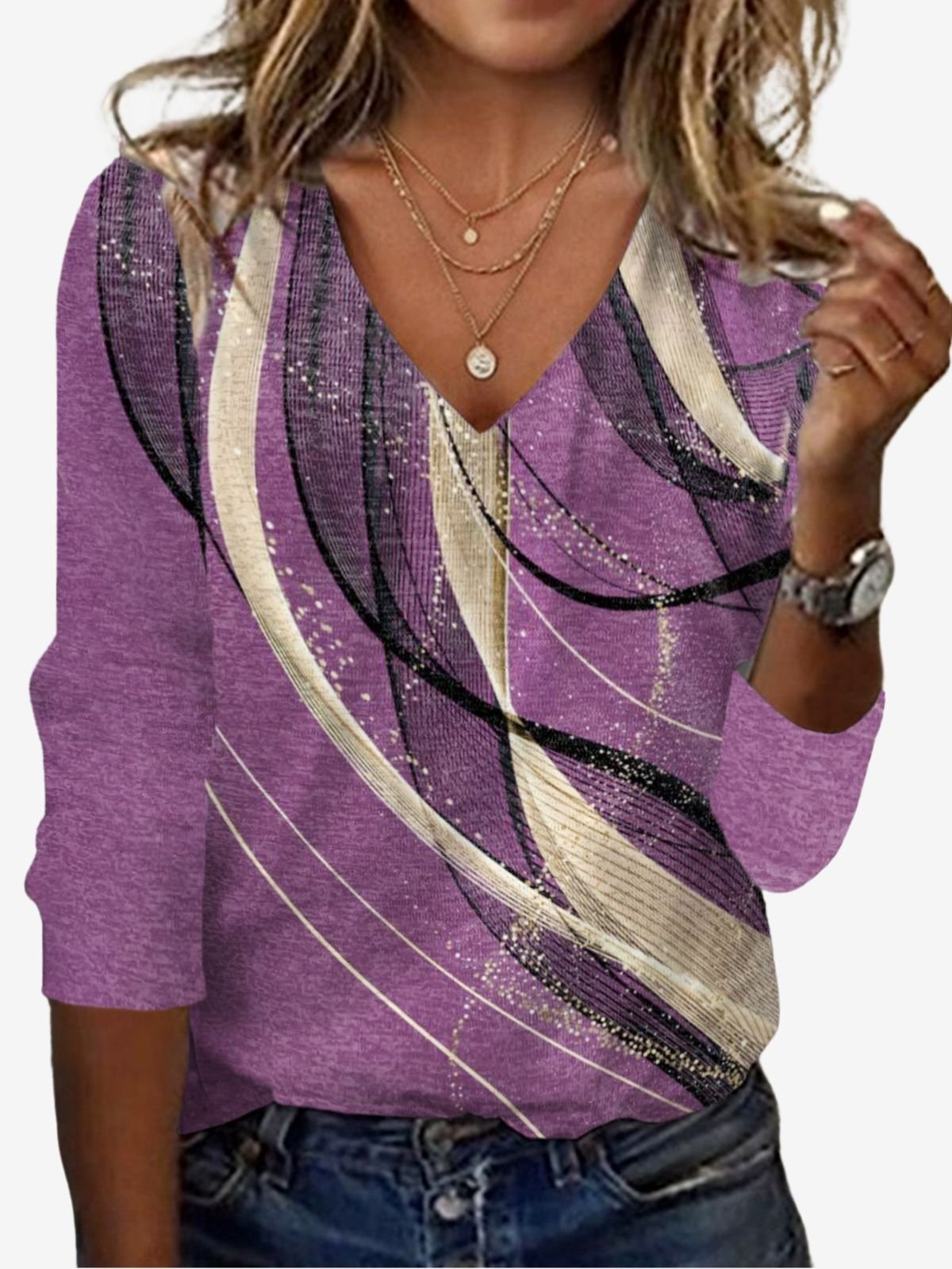 Casual Geometric V Neck Long Sleeve T-shirt