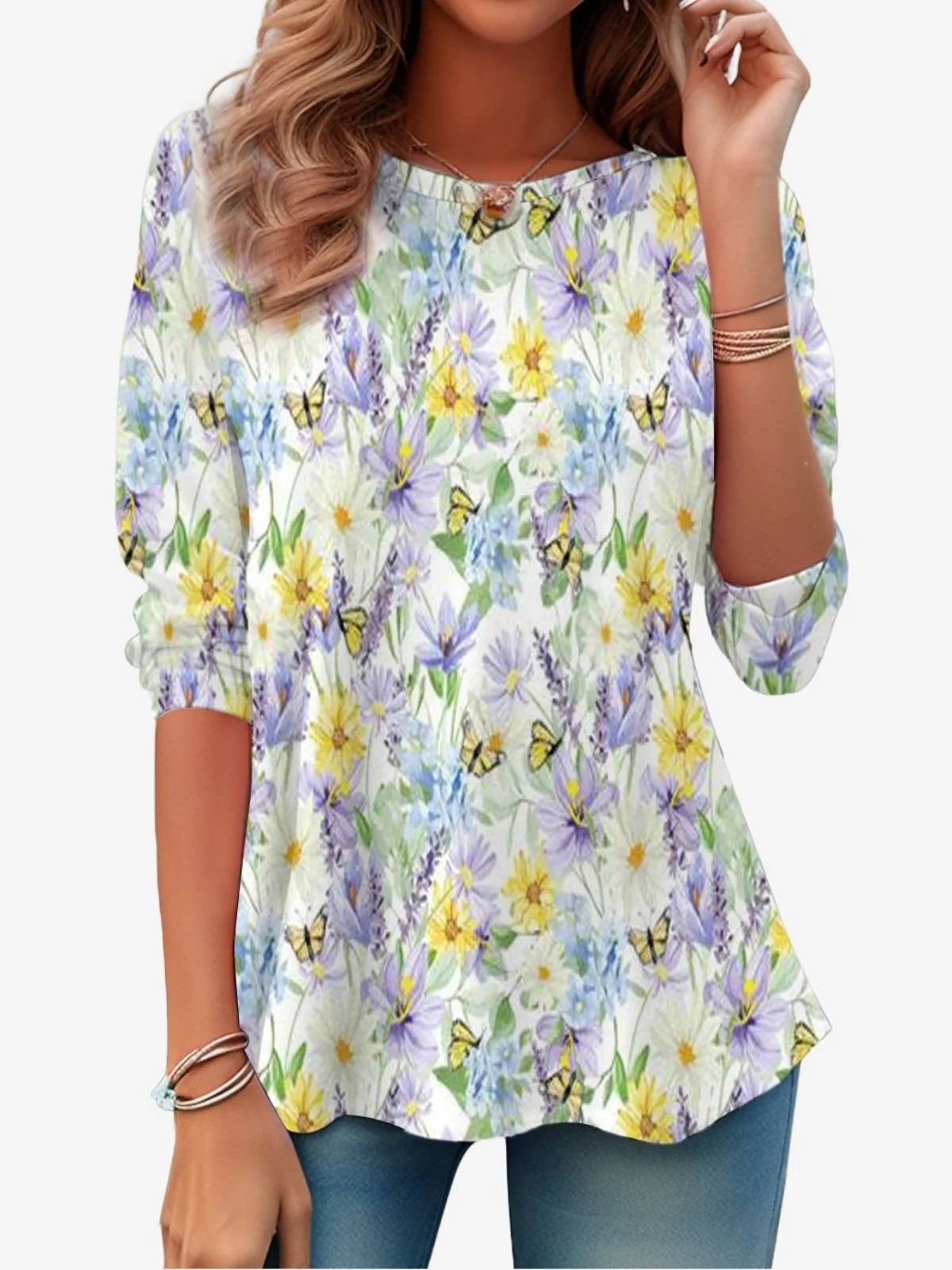 Casual Floral Pattern Crew Neck Long Sleeve T-shirt