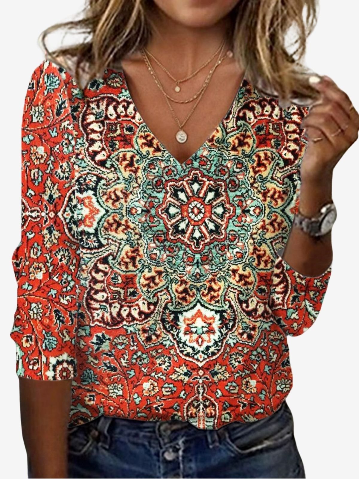 Casual Ethnic V Neck Long Sleeve T-shirt