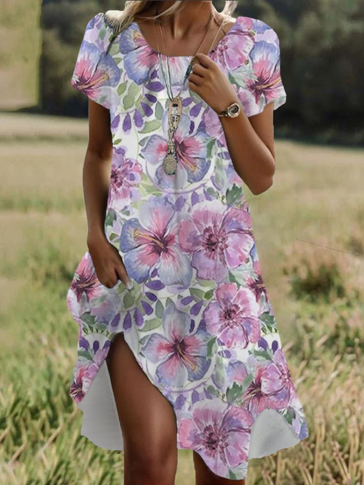 Women Floral Crew Neck Short Sleeve Comfy Casual Midi Dress