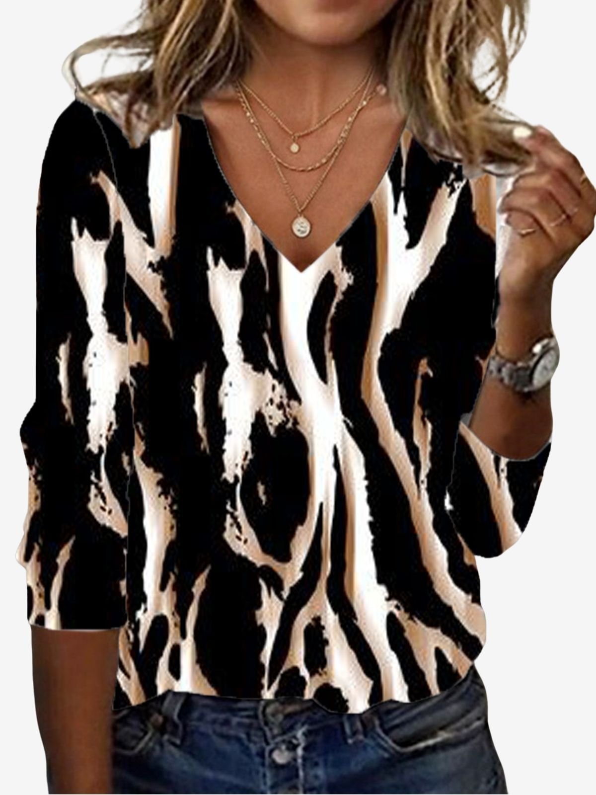 Casual Leopard V Neck Long Sleeve T-shirt