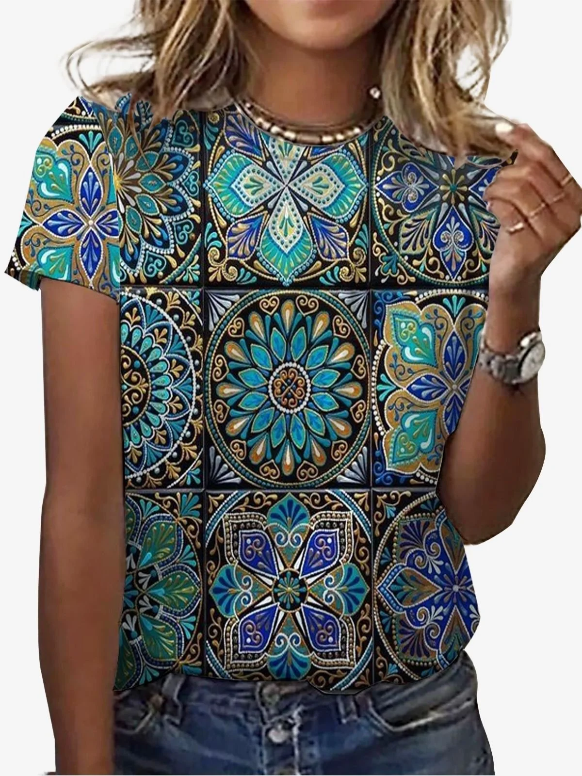 Casual Ethnic Crew Neck Short Sleeve T-shirt