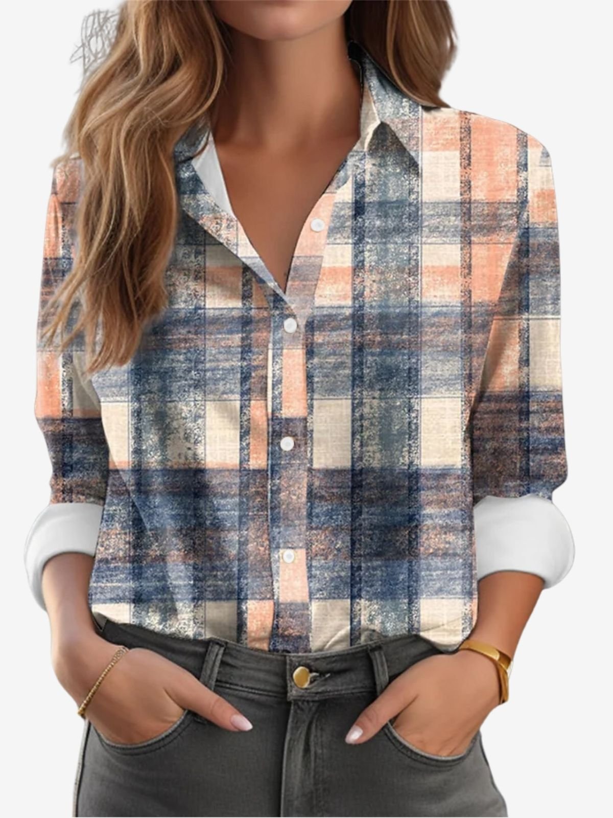 Shirt Collar Long Sleeve Plaid Printing Regular Loose Shirt For Women