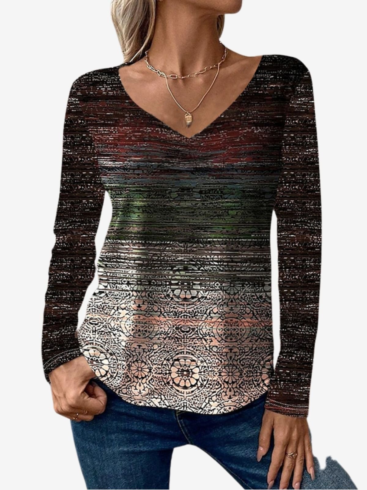 Casual Ethnic V Neck Long Sleeve T-shirt