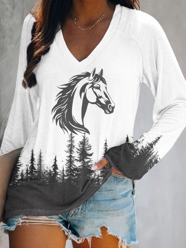 Vintage Animal V Neck Long Sleeve T-shirt