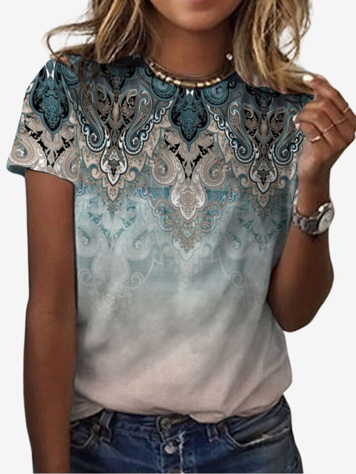 Casual Ethnic Crew Neck Short Sleeve T-shirt