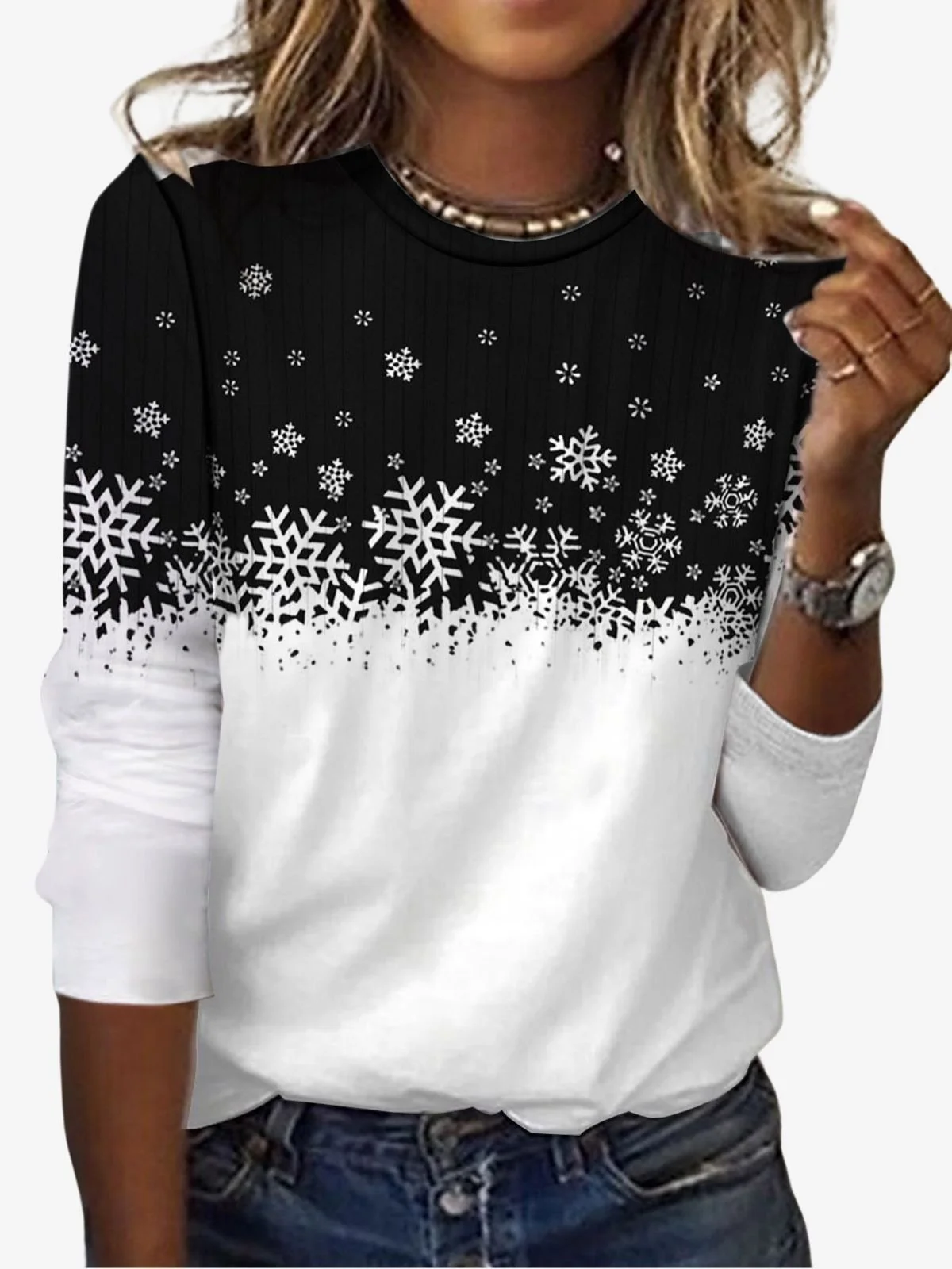 Casual Snowflake Crew Neck Long Sleeve T-shirt