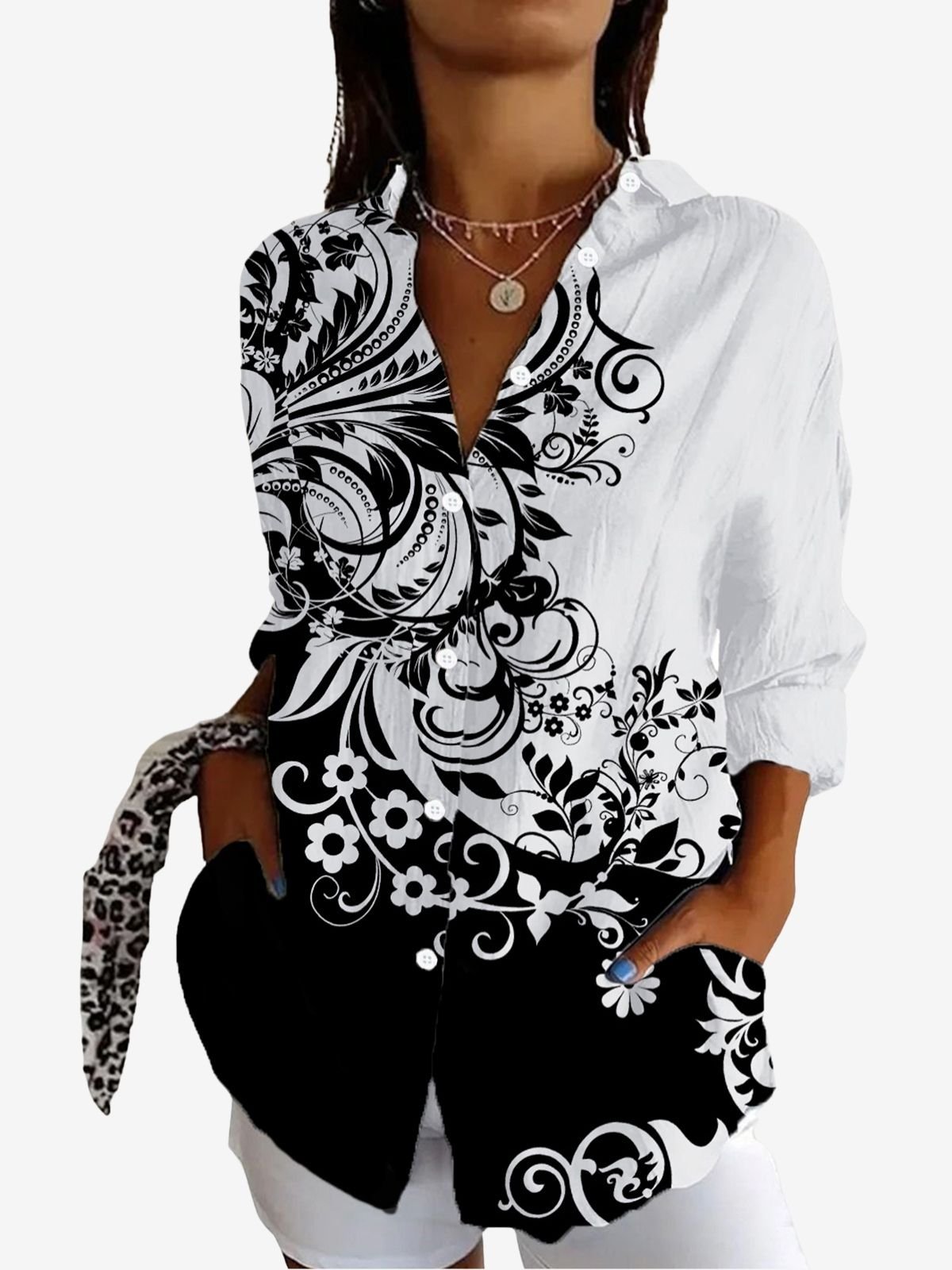 Shirt Collar Long Sleeve Floral Regular Loose Shirt For Women