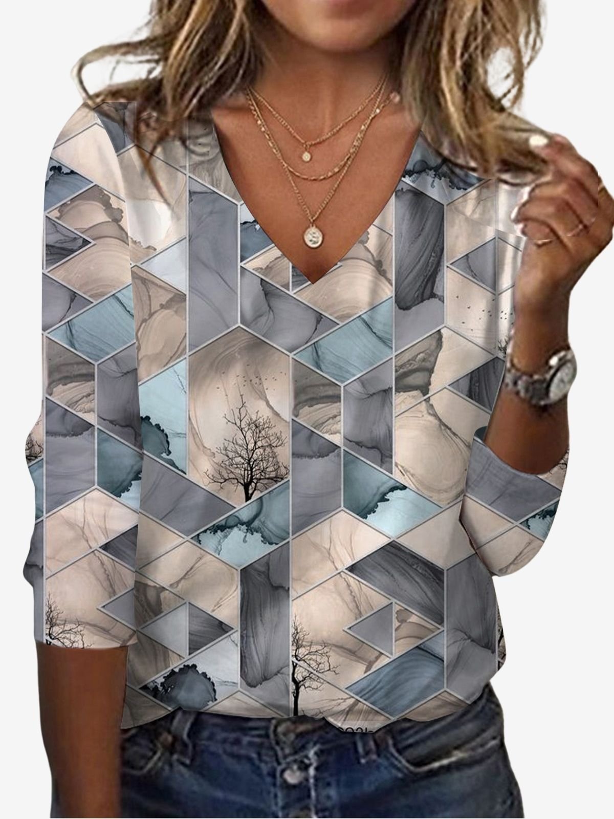 Casual Geometric V Neck Long Sleeve T-shirt