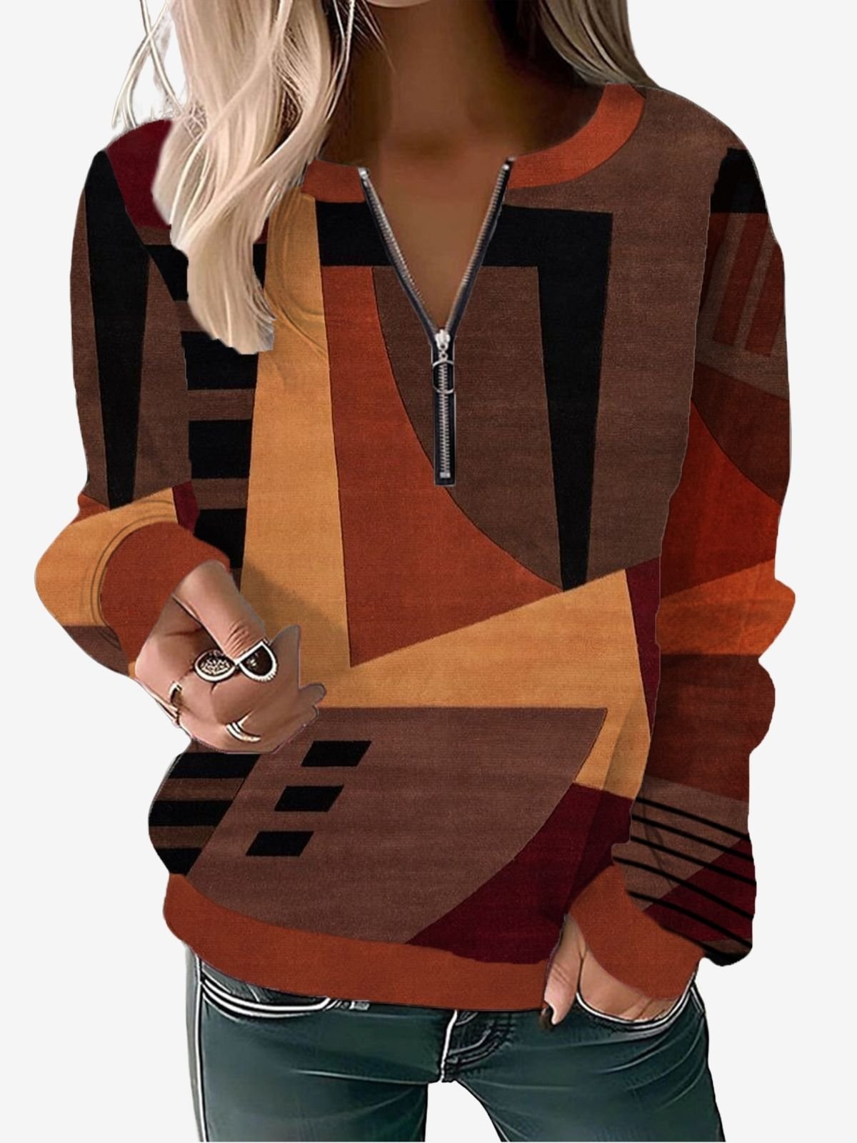 Casual Crew Neck Colorblock Sweatshirt