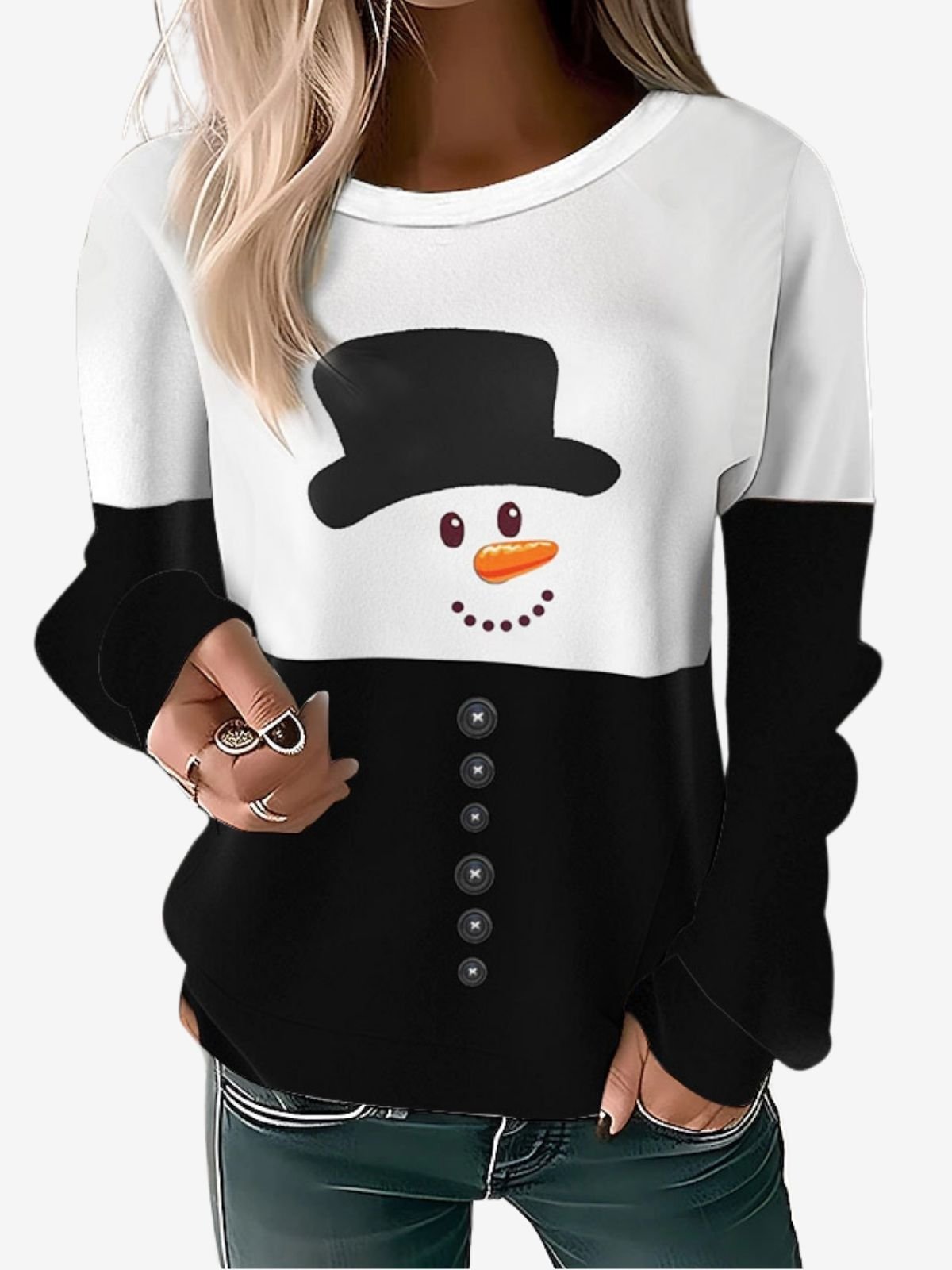 Casual Crew Neck Christmas Snowman Sweatshirt Printing