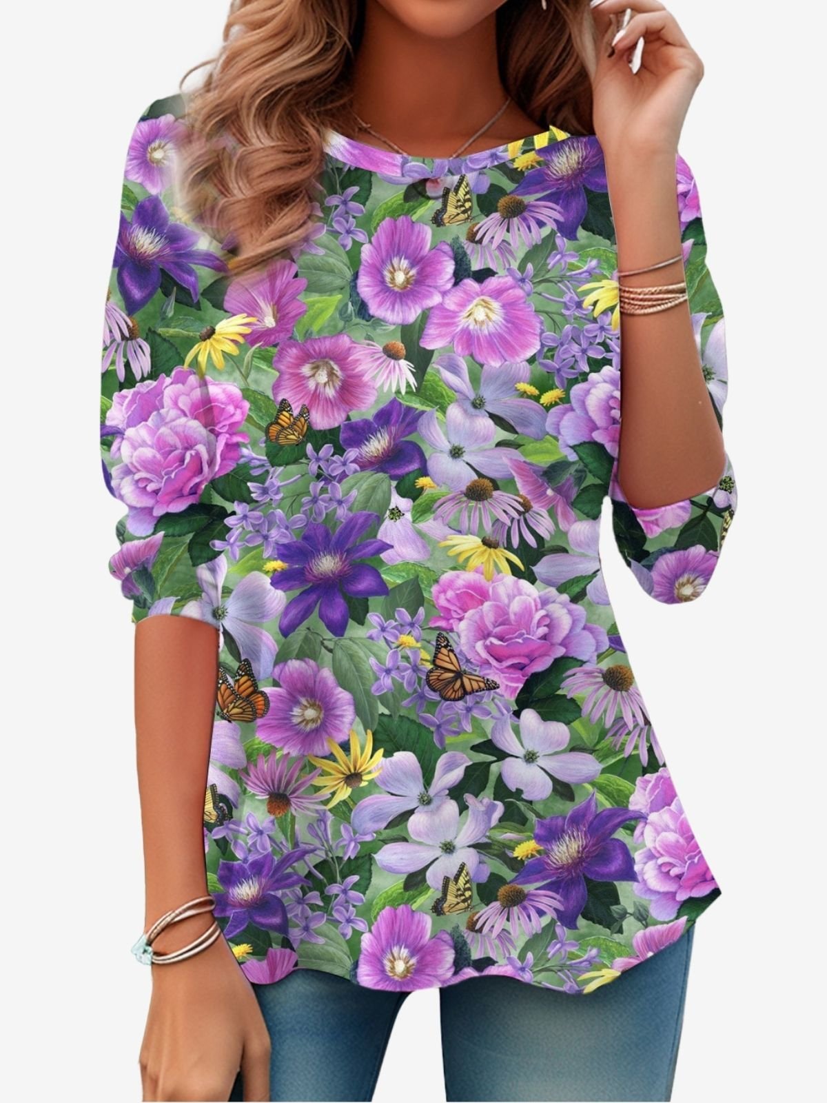 Casual Floral Crew Neck Long Sleeve T-shirt