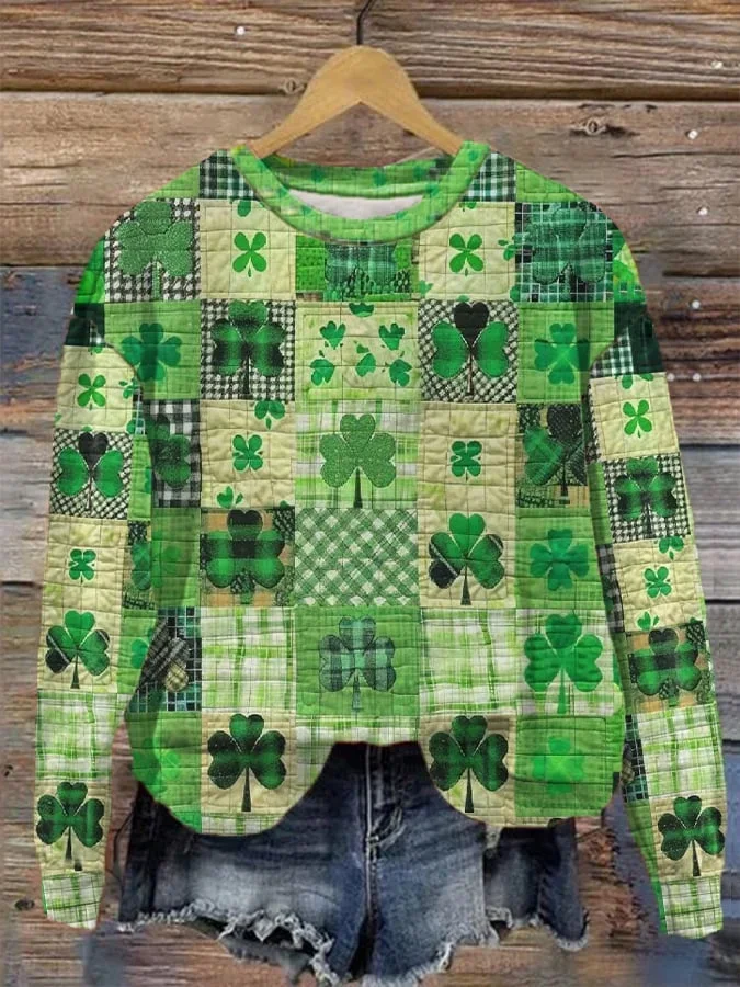 Casual St. Patrick's Day Green Leaf Pattern Crew Neck Festival Sweatshirt