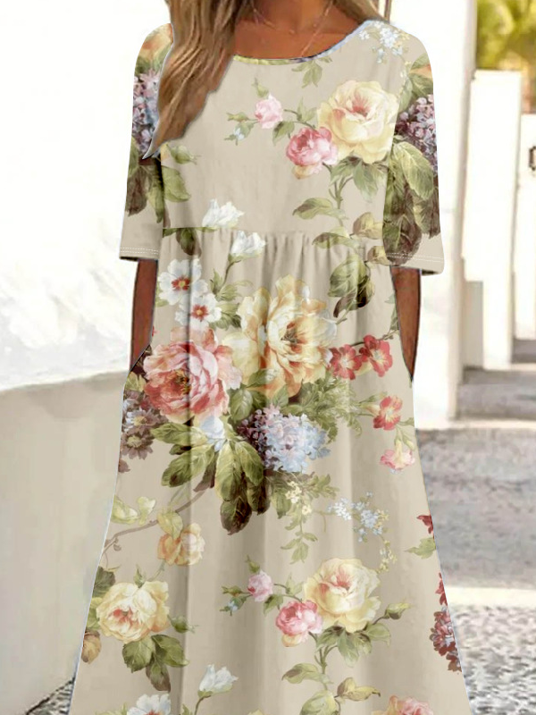 Women 3D Floral Printing Crew Neck Half Sleeve Comfy Vintage Maxi Dress