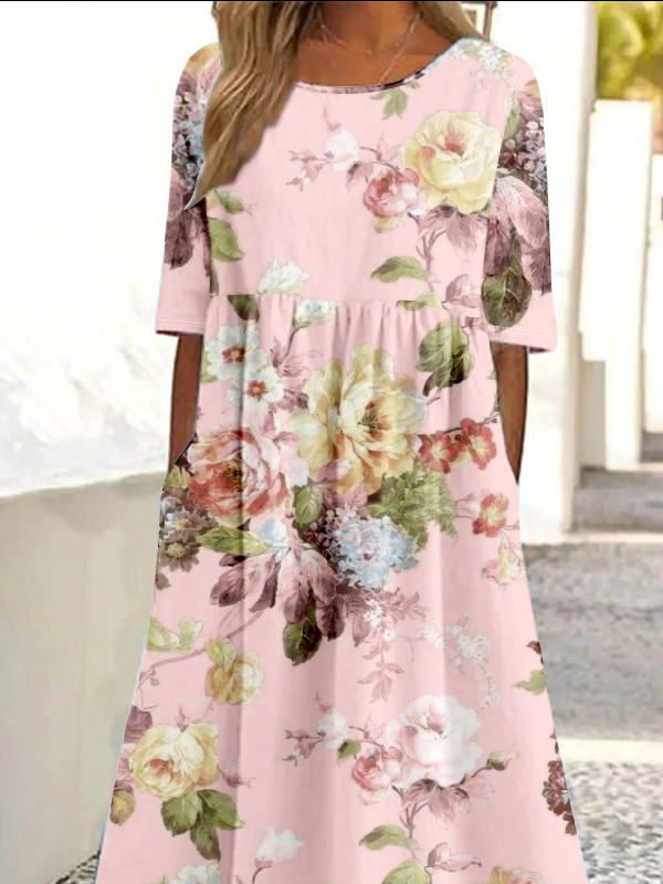 Women 3D Floral Printing Crew Neck Half Sleeve Comfy Vintage Maxi Dress