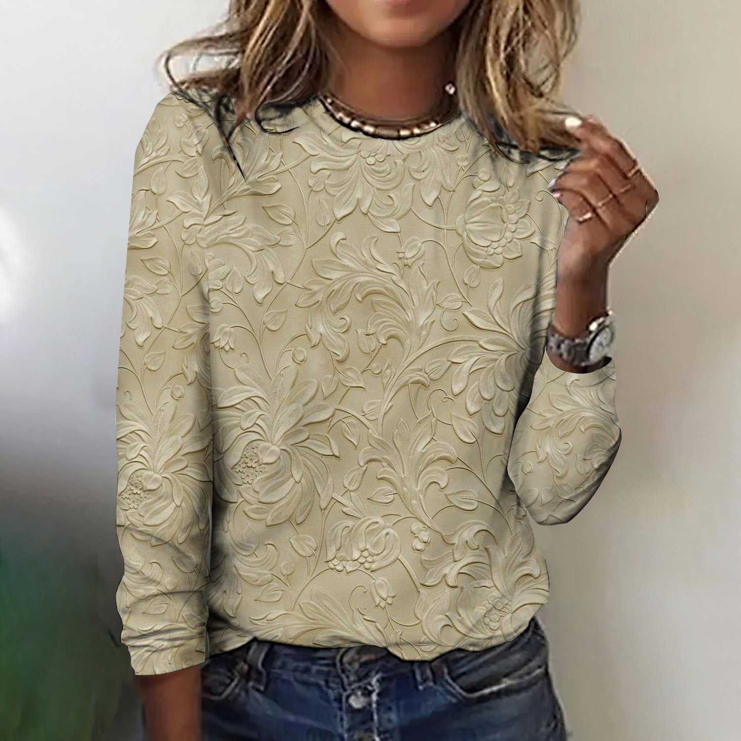 Vintage Floral Print Crew Neck Long Sleeve T-shirt