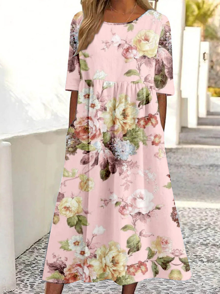 Women 3D Floral Printing Crew Neck Half Sleeve Comfy Vintage Maxi Dress