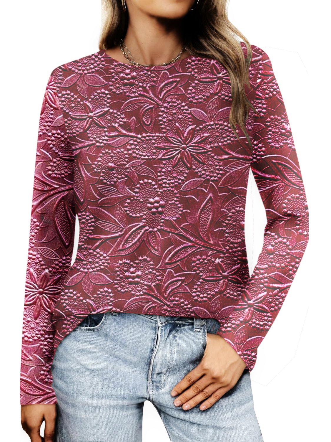 Vintage Floral Print  Crew Neck Long Sleeve T-shirt