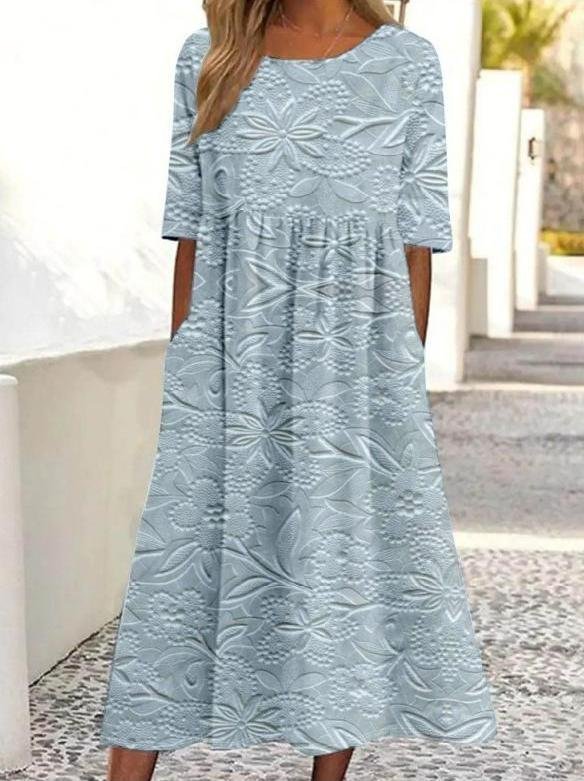 Women 3D Printing Crew Neck Half Sleeve Comfy Vintage Maxi Dress