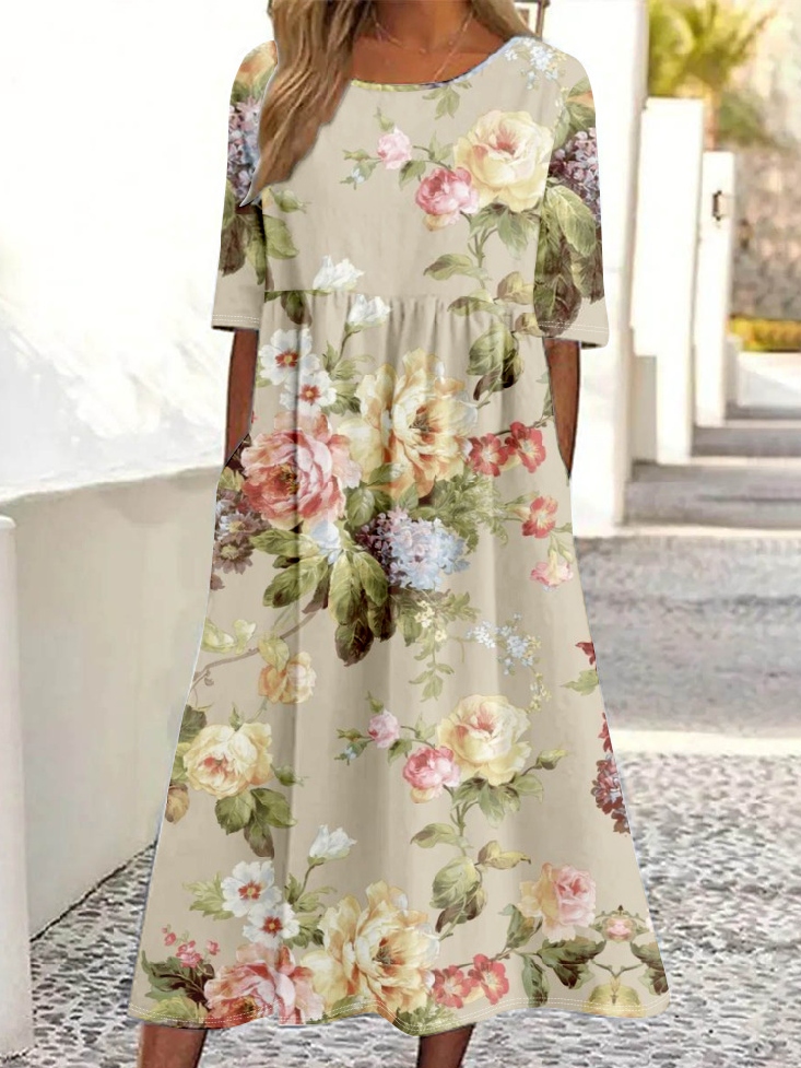 Women 3D Floral Printing Crew Neck Half Sleeve Comfy Vintage Maxi Dress