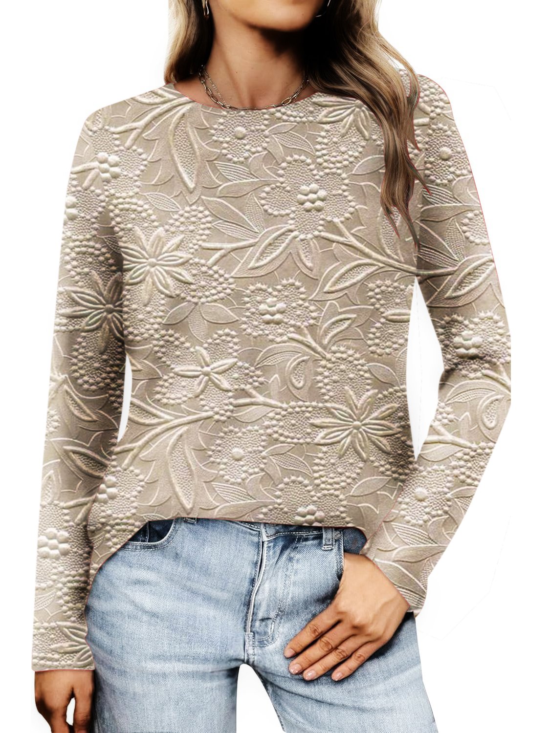 Vintage Floral Print  Crew Neck Long Sleeve T-shirt