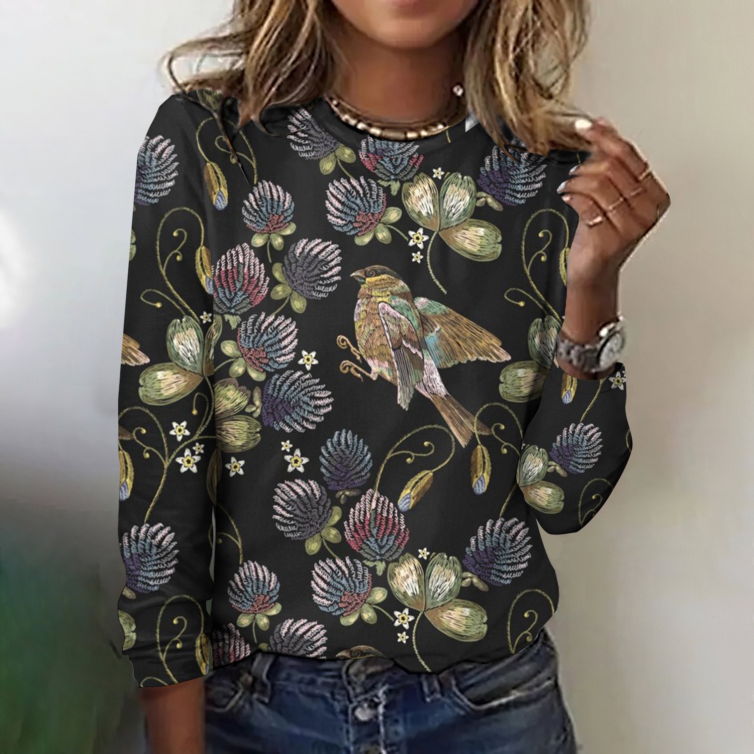 Vintage Floral Bird Print Crew Neck Long Sleeve T-shirt