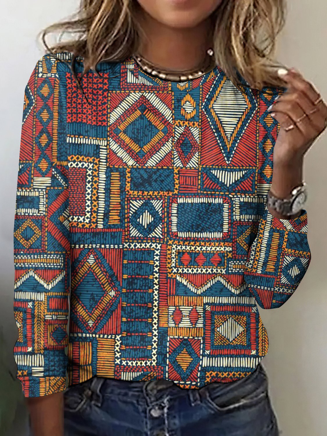 Vintage Abstract Pattern Crew Neck Long Sleeve T-shirt