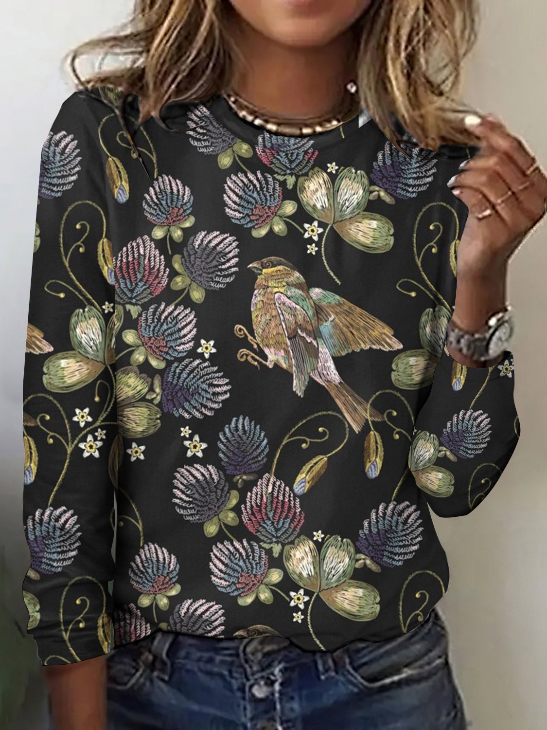 Vintage Floral Bird Print Crew Neck Long Sleeve T-shirt