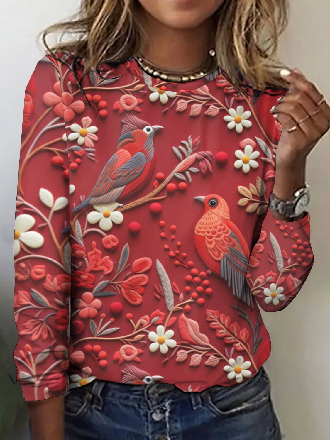 Vintage Floral Bird Print Crew Neck Long Sleeve T-shirt