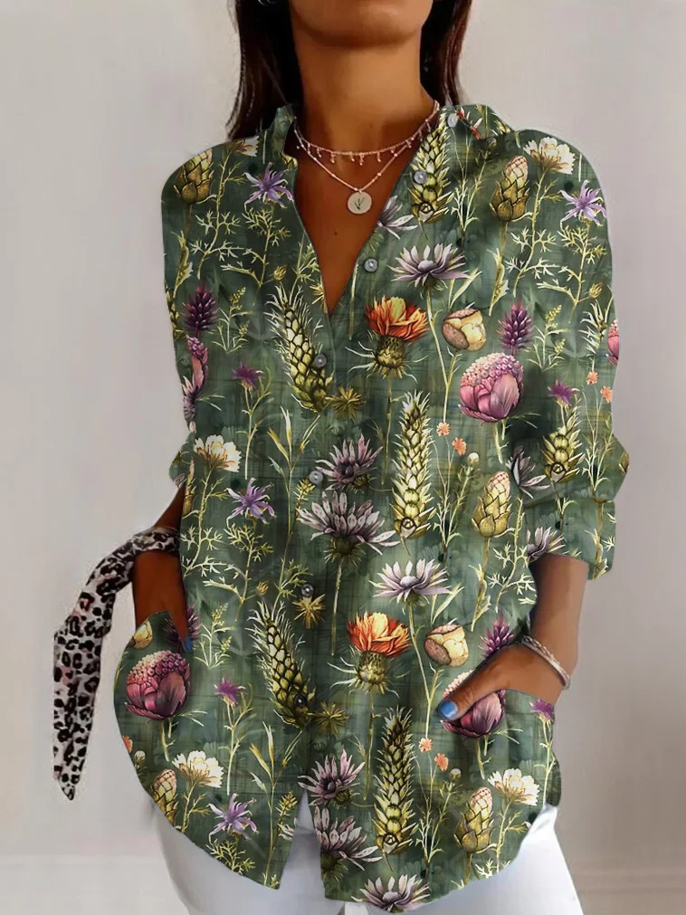 Shirt Collar Long Sleeve Floral Print Regular Fit Shirt For Women