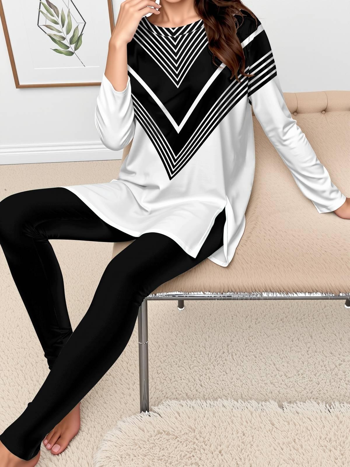 Women Geometric Crew Neck Long Sleeve Comfy Casual Top With Pants Two-Piece Set