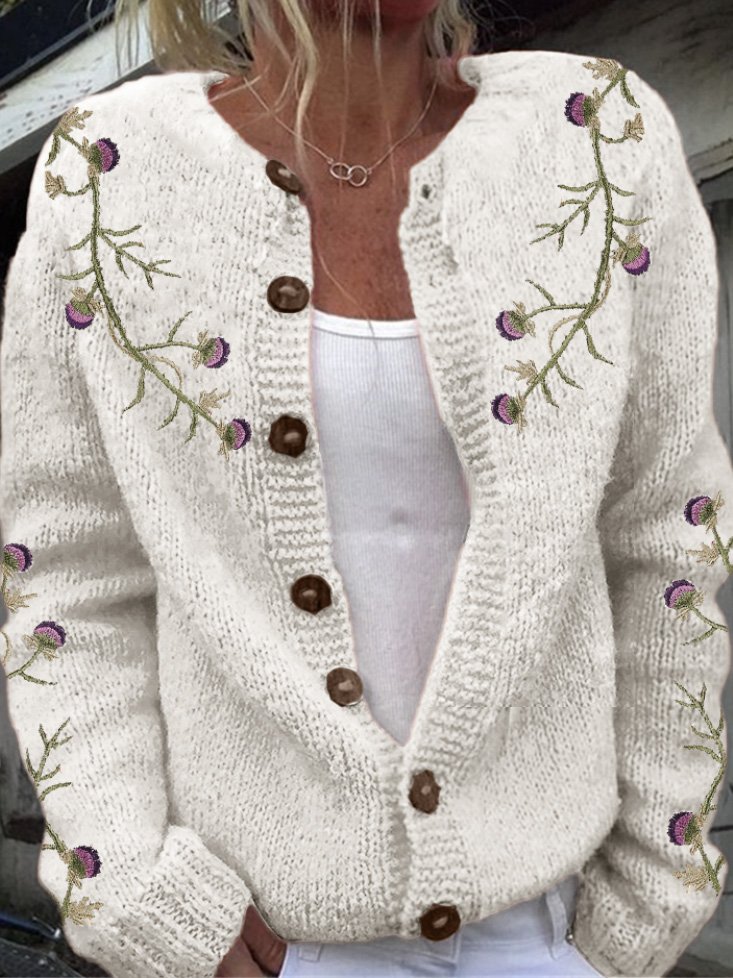 Women Wool/Knitting Floral Long Sleeve Comfy Casual Cardigan