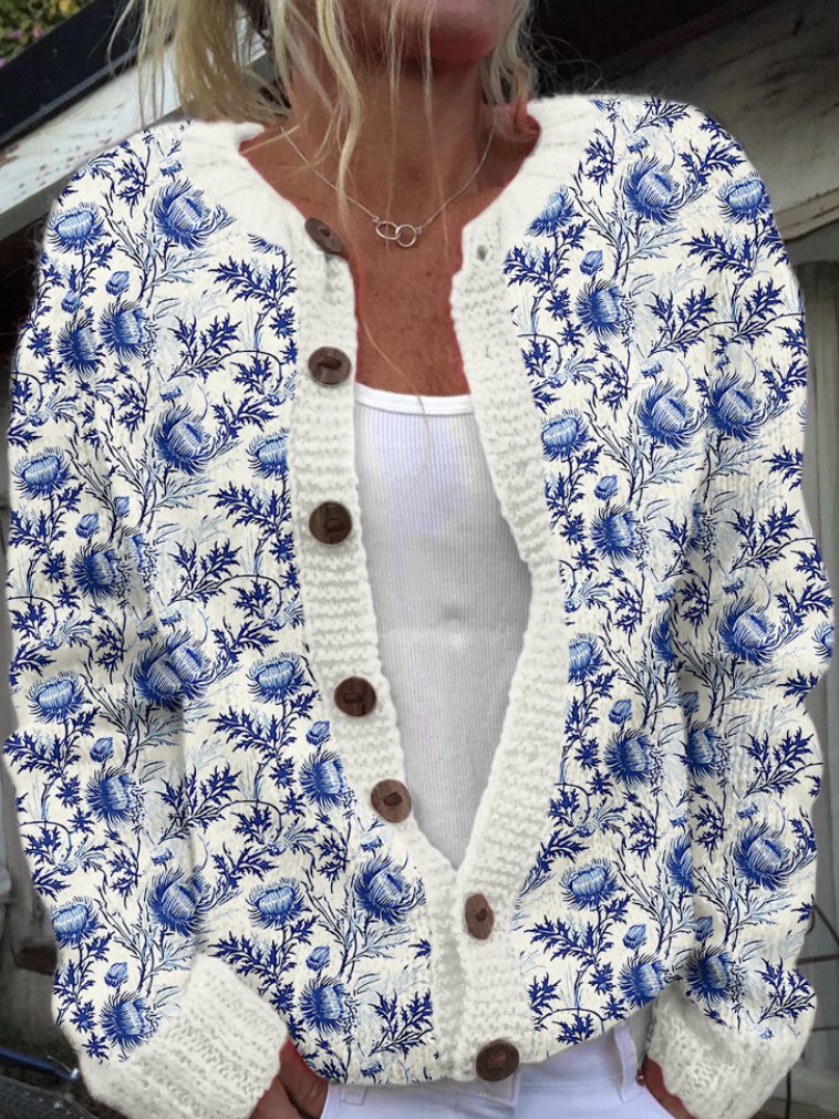 Women Wool/Knitting Floral Long Sleeve Comfy Casual Cardigan