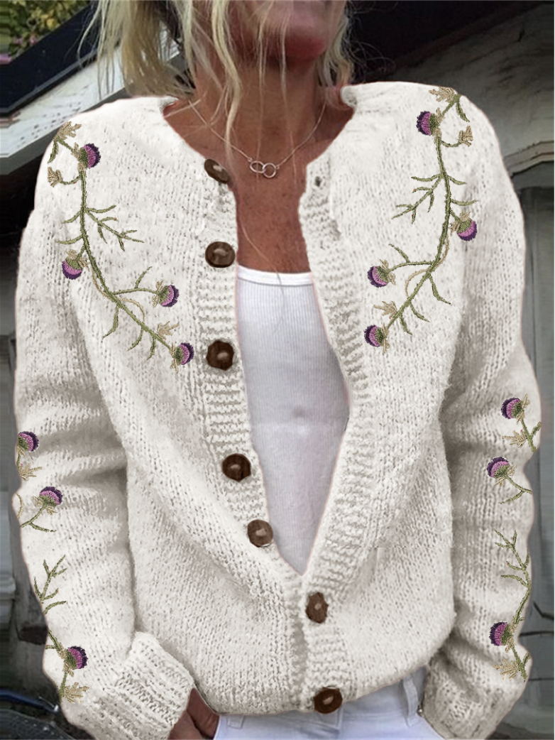 Women Wool/Knitting Floral Long Sleeve Comfy Casual Cardigan