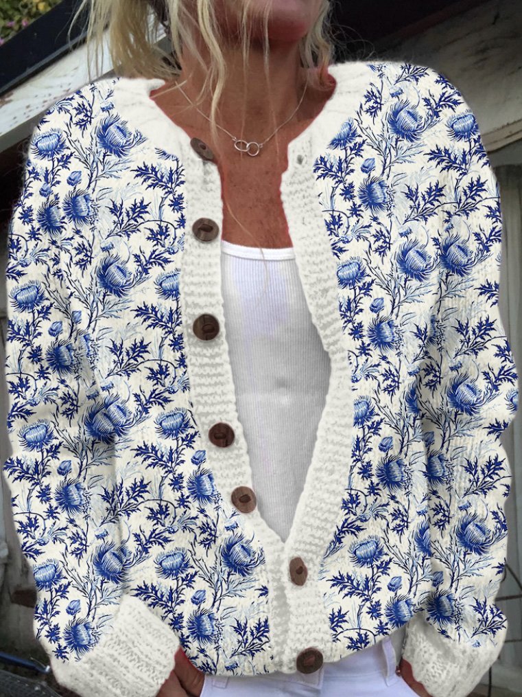 Women Wool/Knitting Floral Long Sleeve Comfy Casual Cardigan