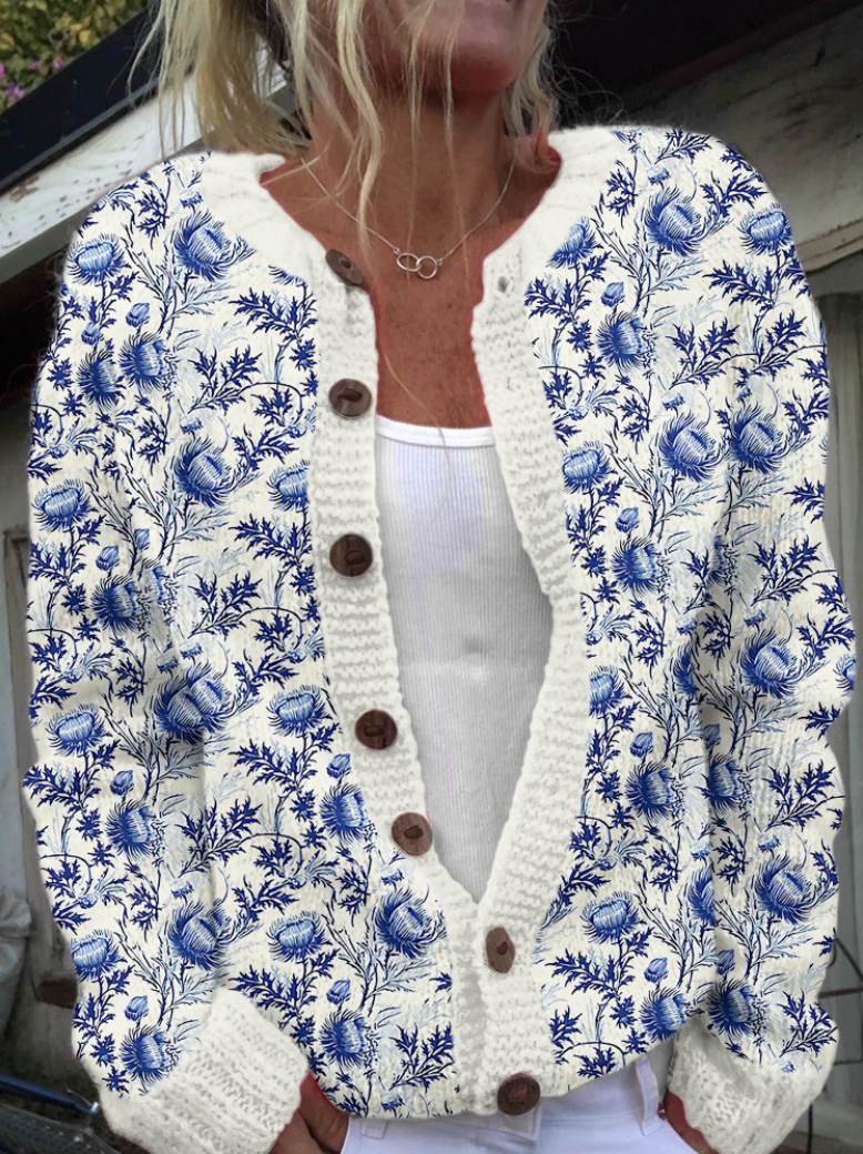 Women Wool/Knitting Floral Long Sleeve Comfy Casual Cardigan