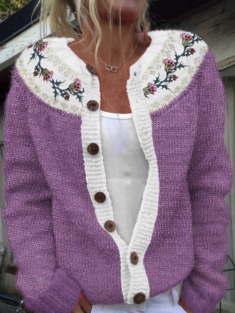 Women Wool/Knitting Floral Long Sleeve Comfy Casual Cardigan