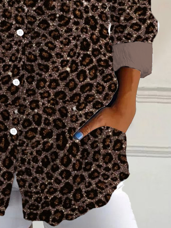 Shirt Collar Long Sleeve Leopard Regular Loose Shirt For Women