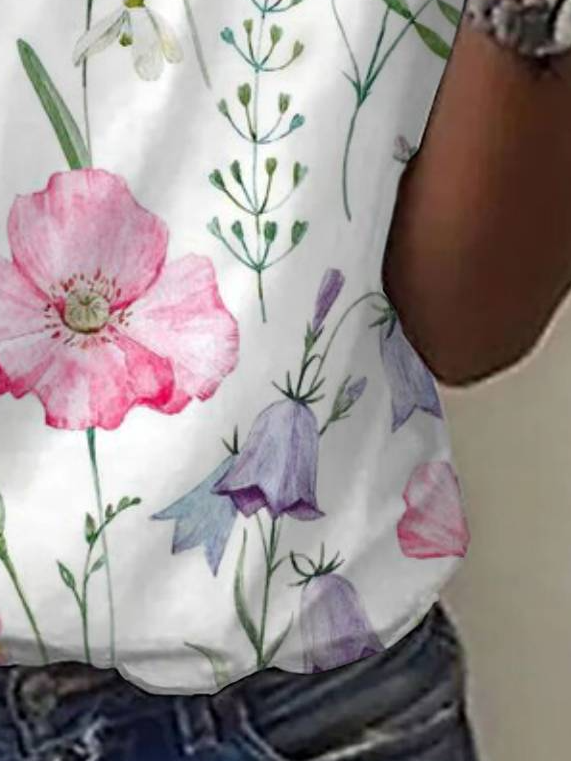 Casual Floral V Neck Short Sleeve T-shirt