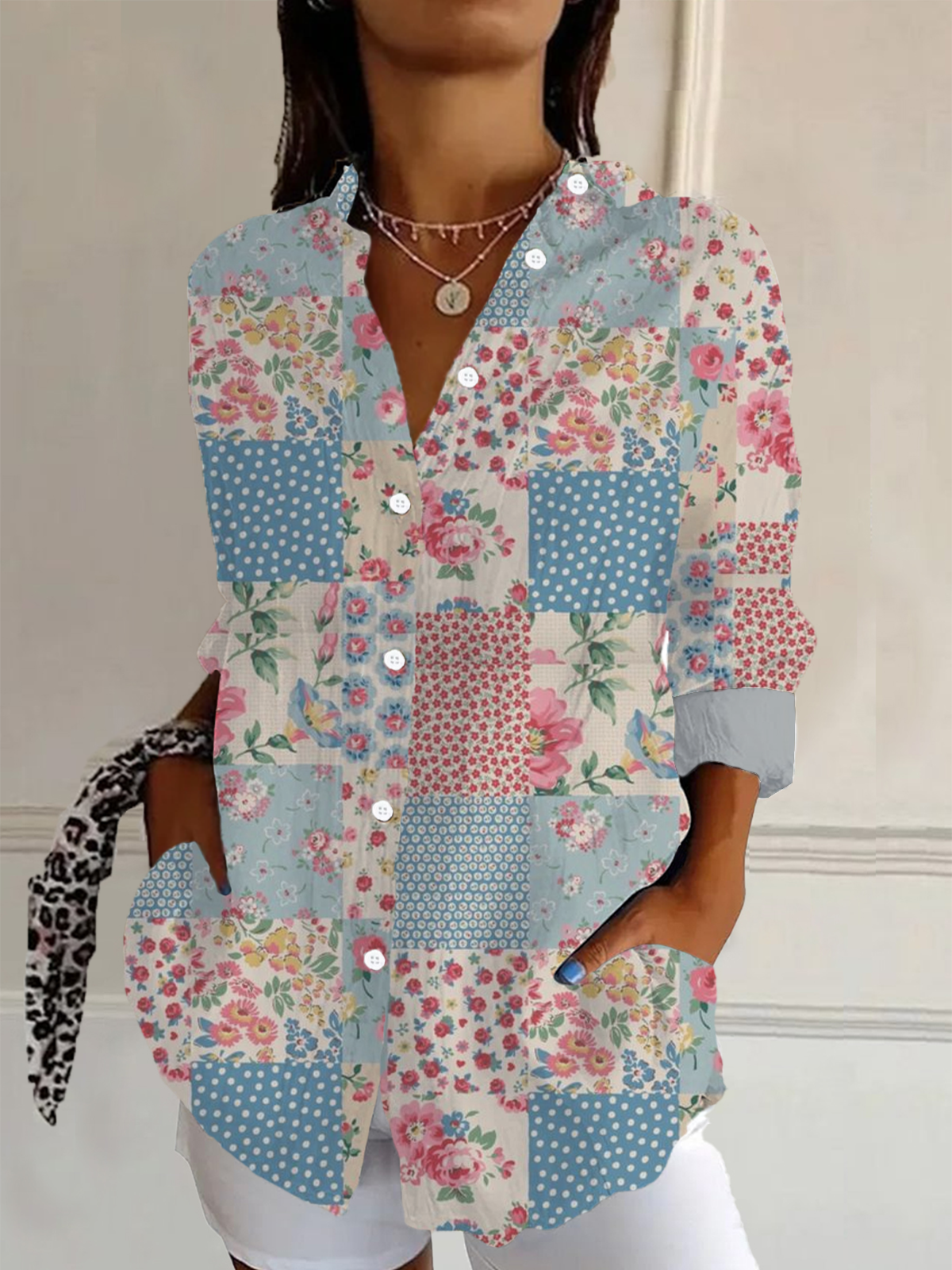 Shirt Collar Long Sleeve Floral Regular Loose Shirt For Women