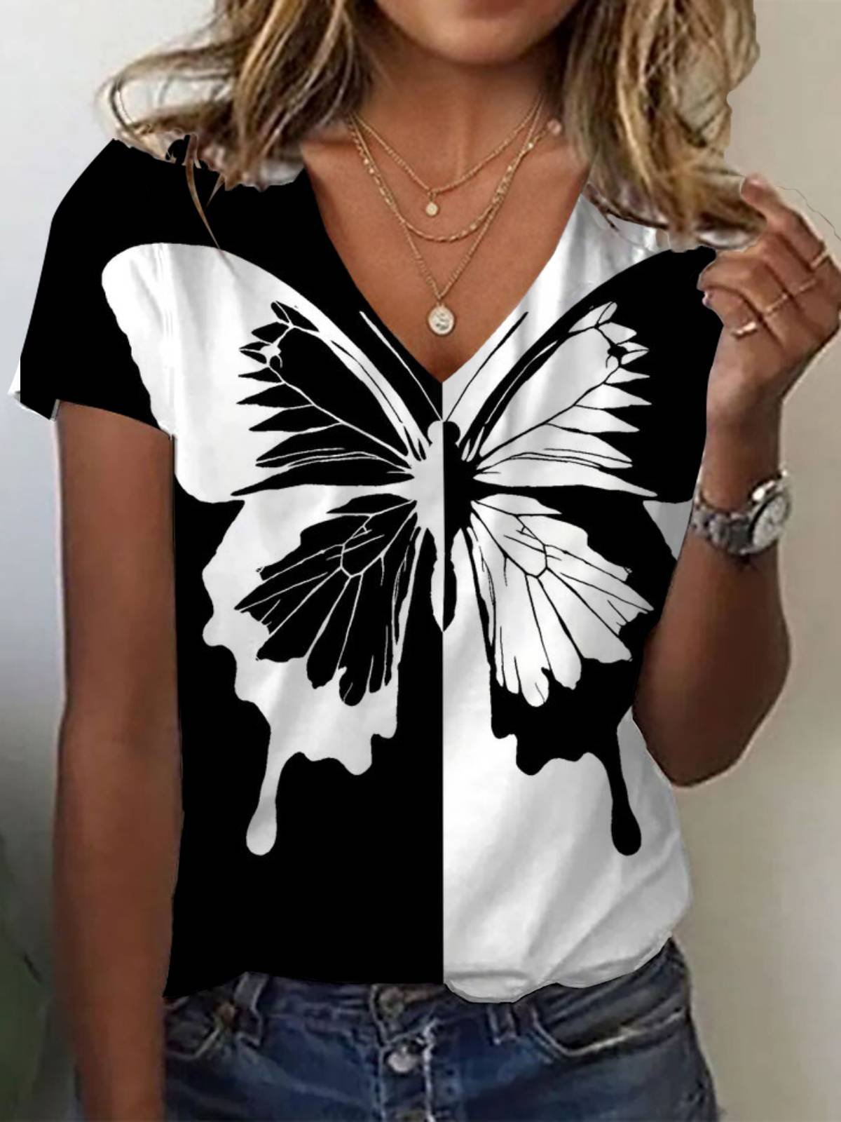 Casual Butterfly V Neck Short Sleeve T-shirt