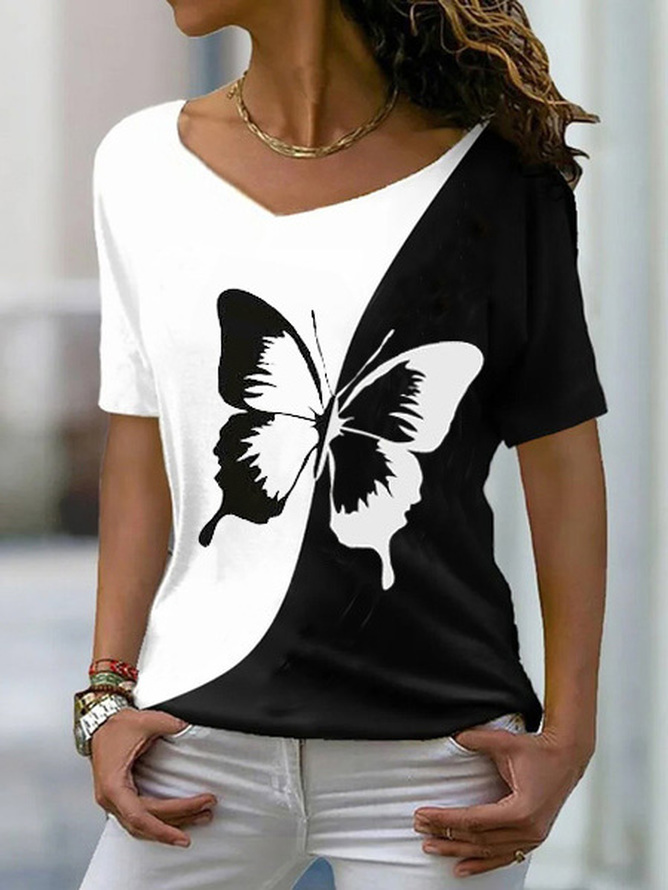 Casual Butterfly V Neck Short Sleeve T-shirt