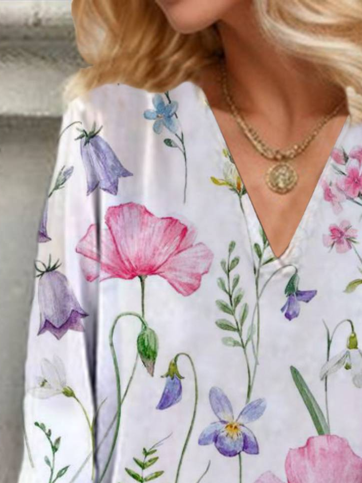 V Neck Three Quarter Sleeve Floral Regular Loose Blouse For Women