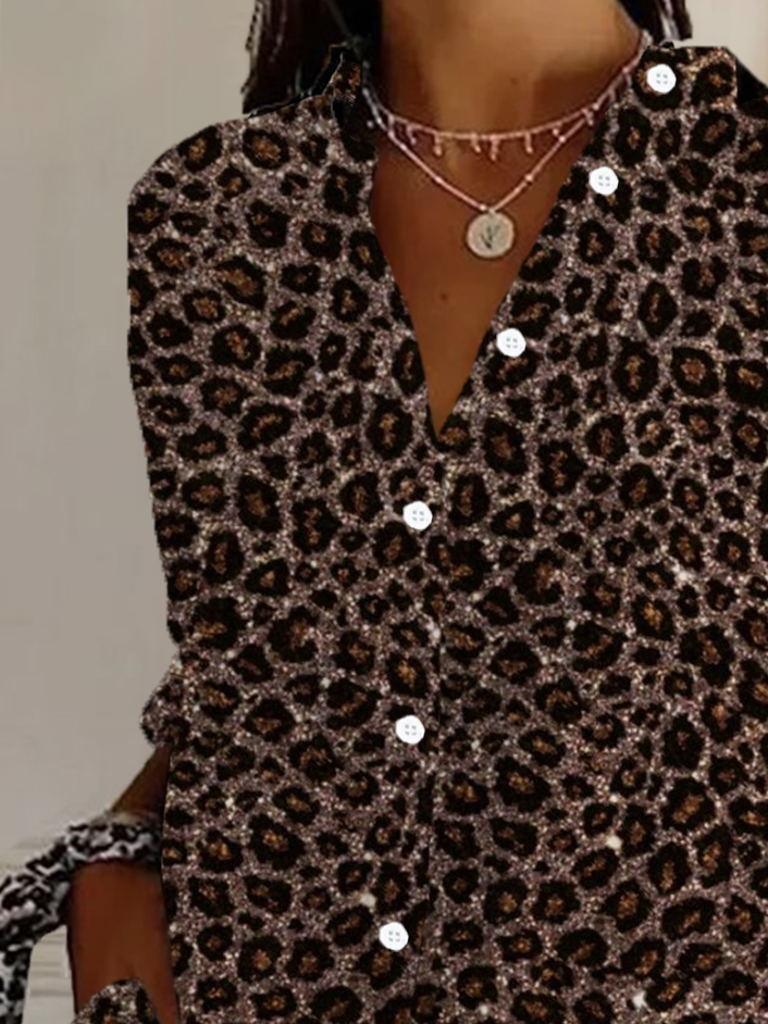 Shirt Collar Long Sleeve Leopard Regular Loose Shirt For Women