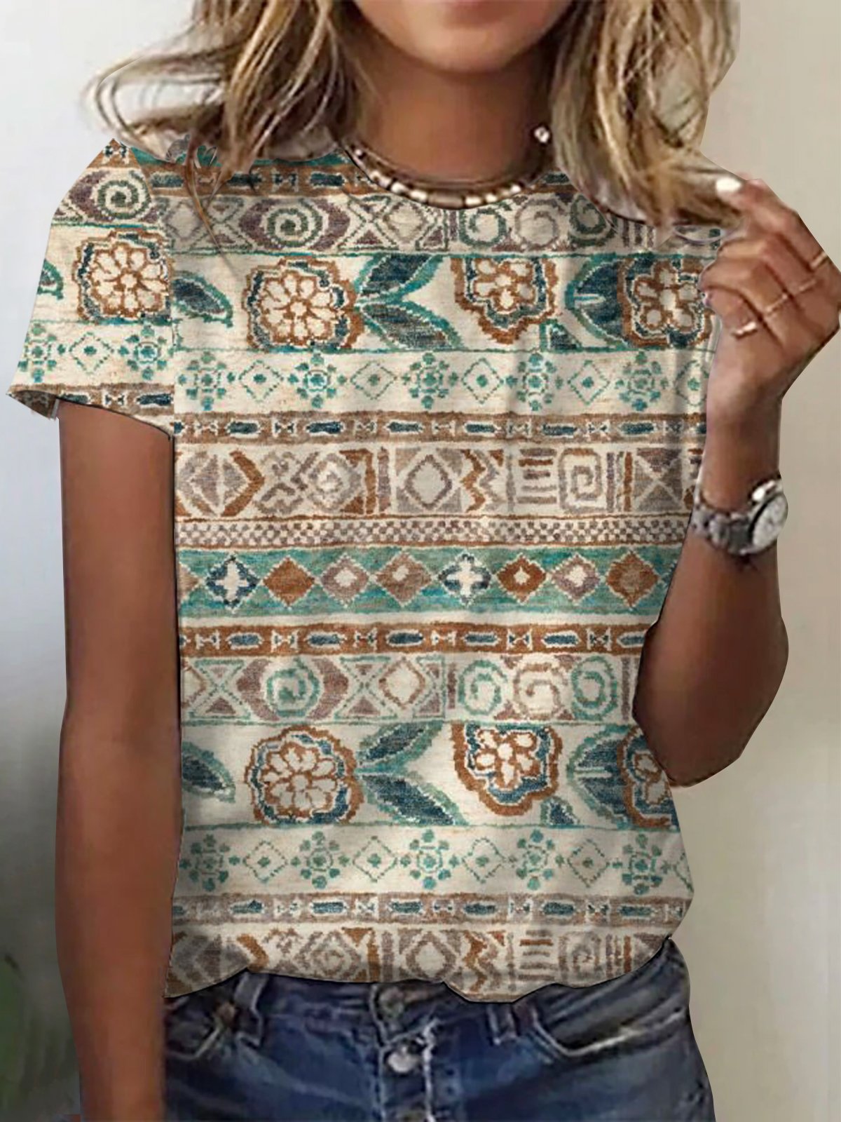 Casual Ethnic Crew Neck Short Sleeve T-shirt