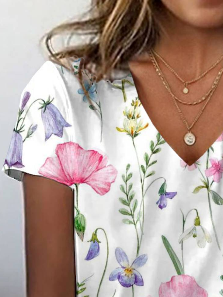 Casual Floral V Neck Short Sleeve T-shirt