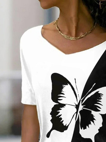 Casual Butterfly V Neck Short Sleeve T-shirt