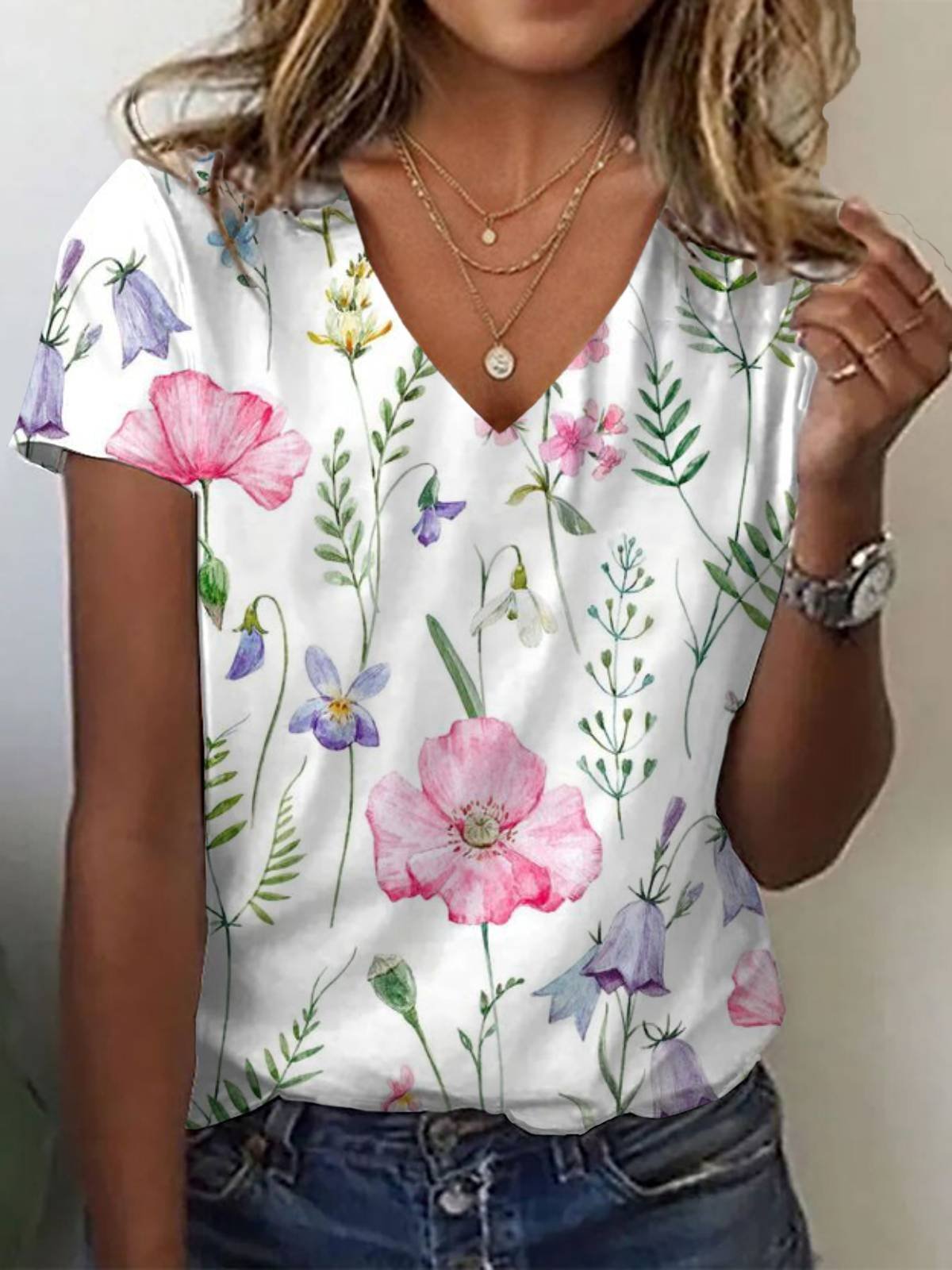 Casual Floral V Neck Short Sleeve T-shirt